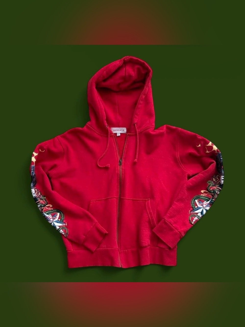 Women's Bright Red Zip Front Hoodie with Sleeve Graphic